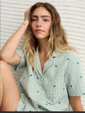 NWOT American Eagle Outfitters Green Gingham seersucker Heart Short Pajama Set